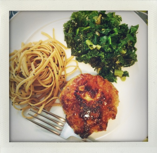 "turkey burger with sesame noodles and kale"
